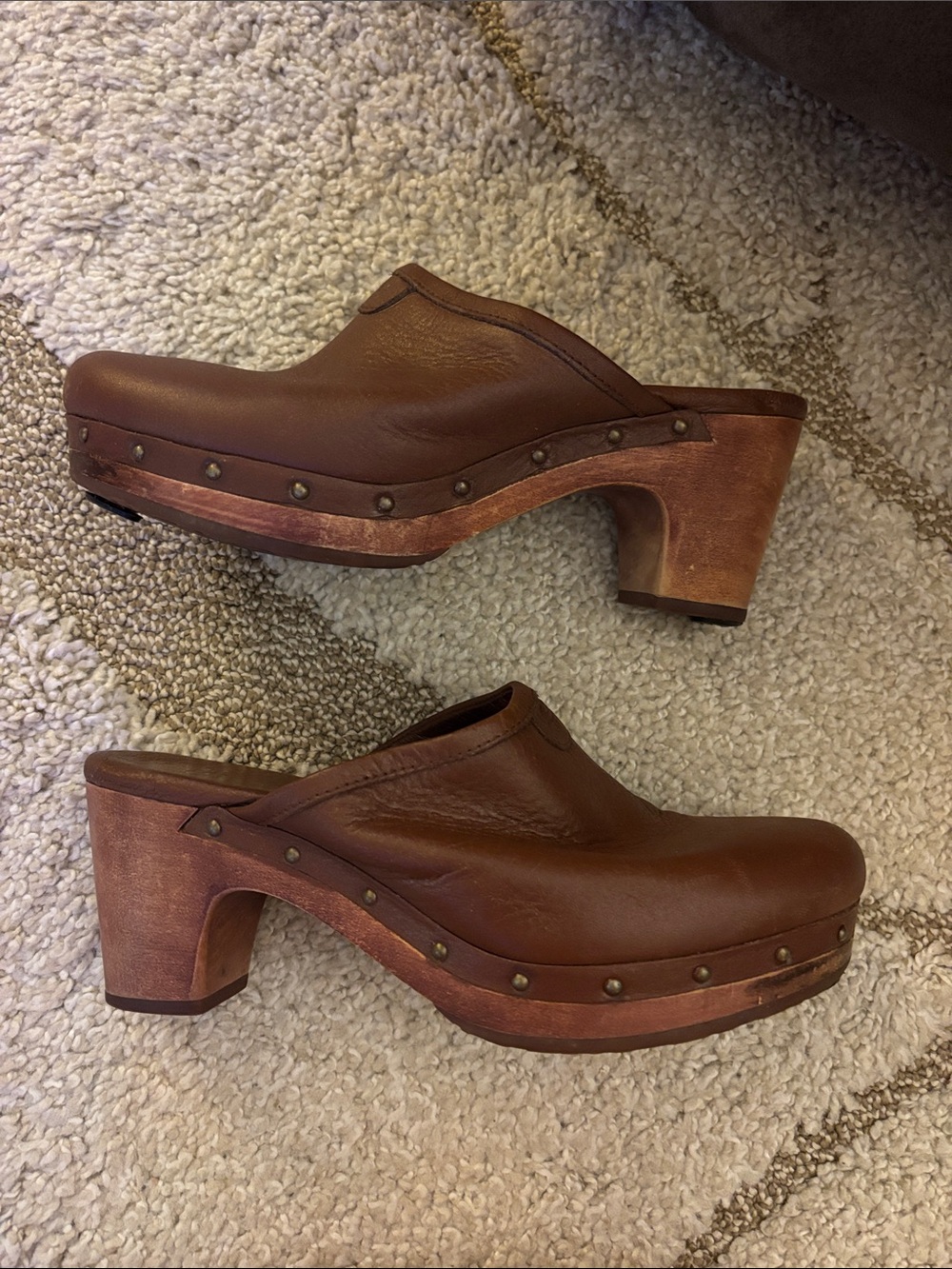 UGG Brown Leather Studded Clog Heels